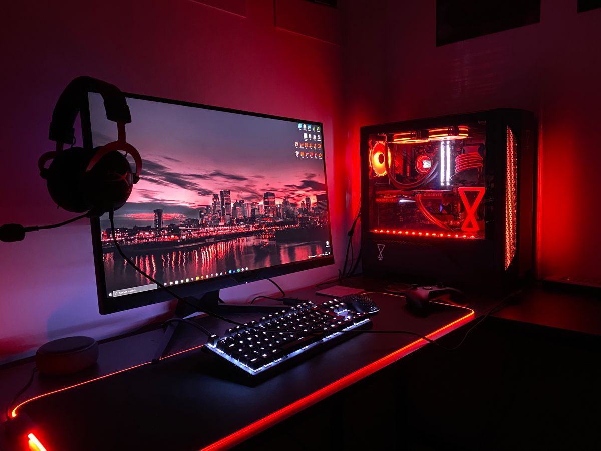 High-contrast monochrome photography of a modern gaming rig setup