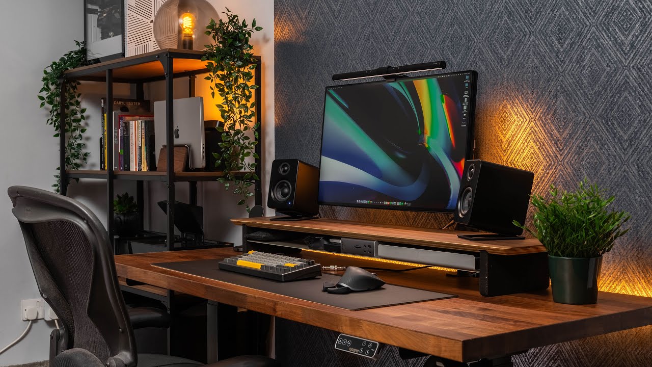 Ambient dark gaming studio background with glowing LED lines